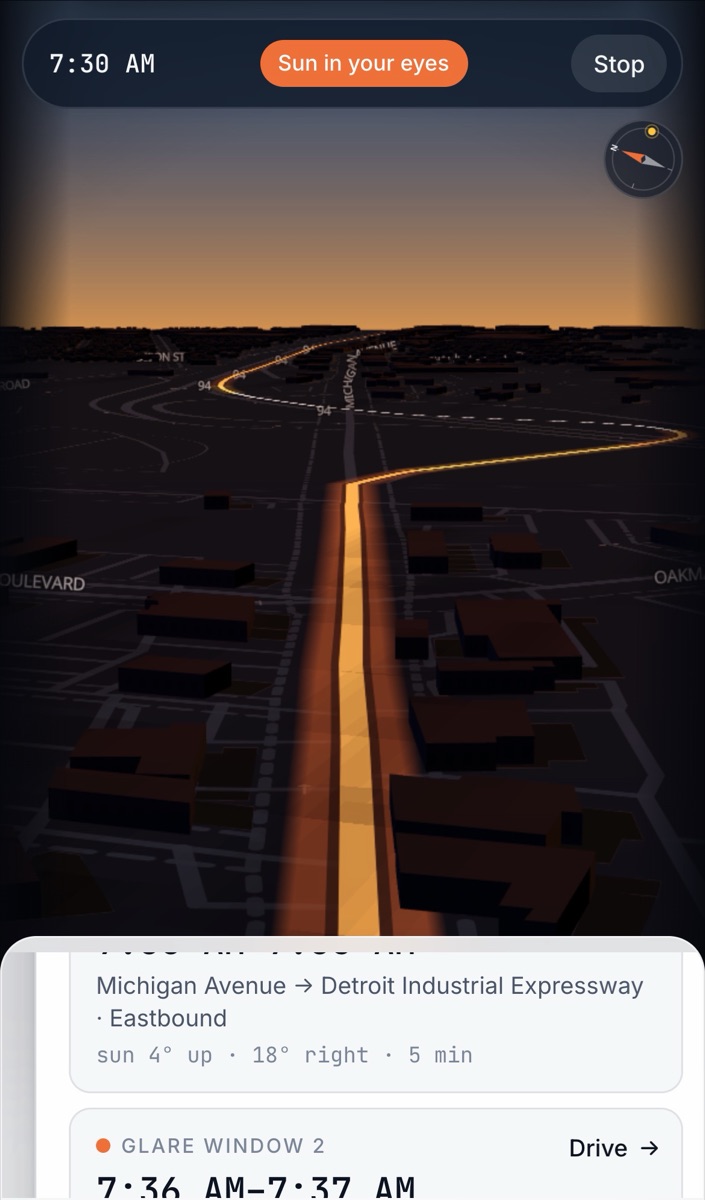 Glare drive view on an iPhone