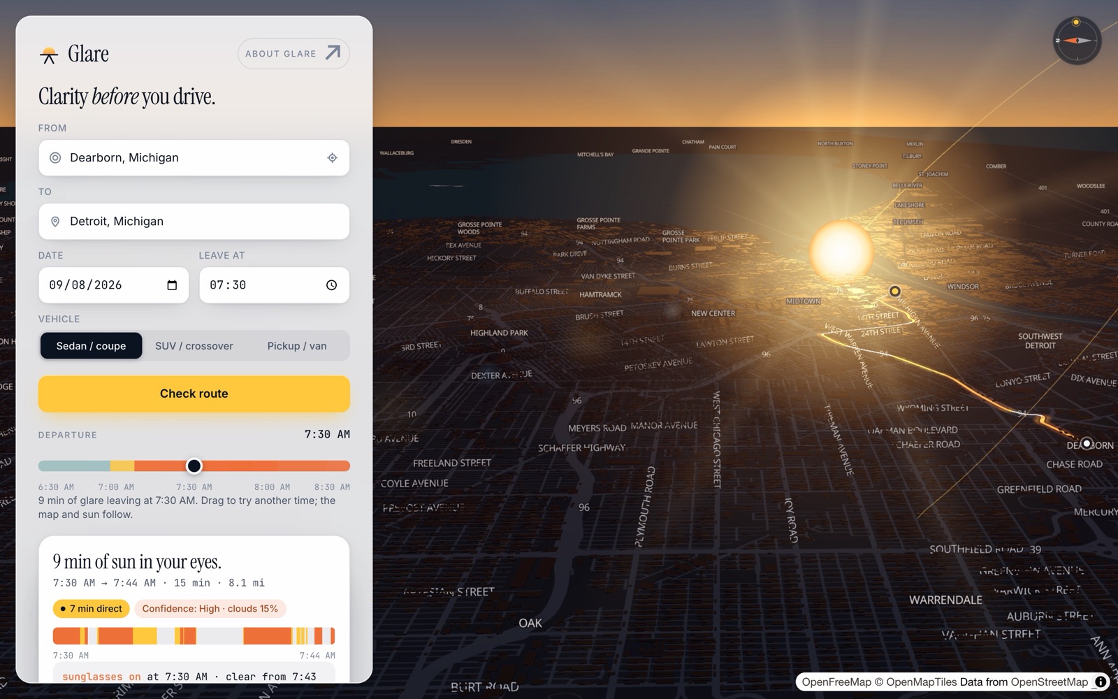 Glare showing a sunrise route from Dearborn to Detroit with nine minutes of sun in the driver's eyes